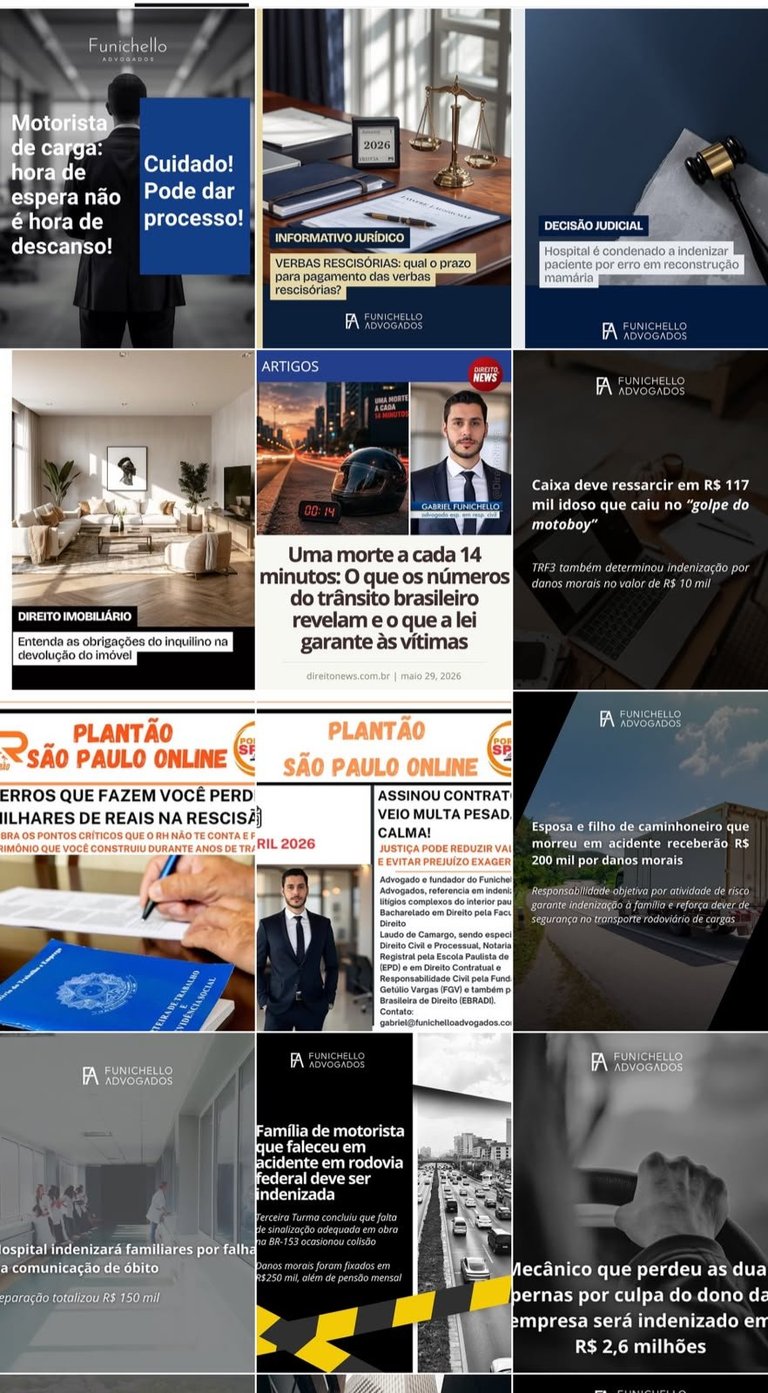 Grid de artigos jurídicos publicados pelo Funichello Advogados