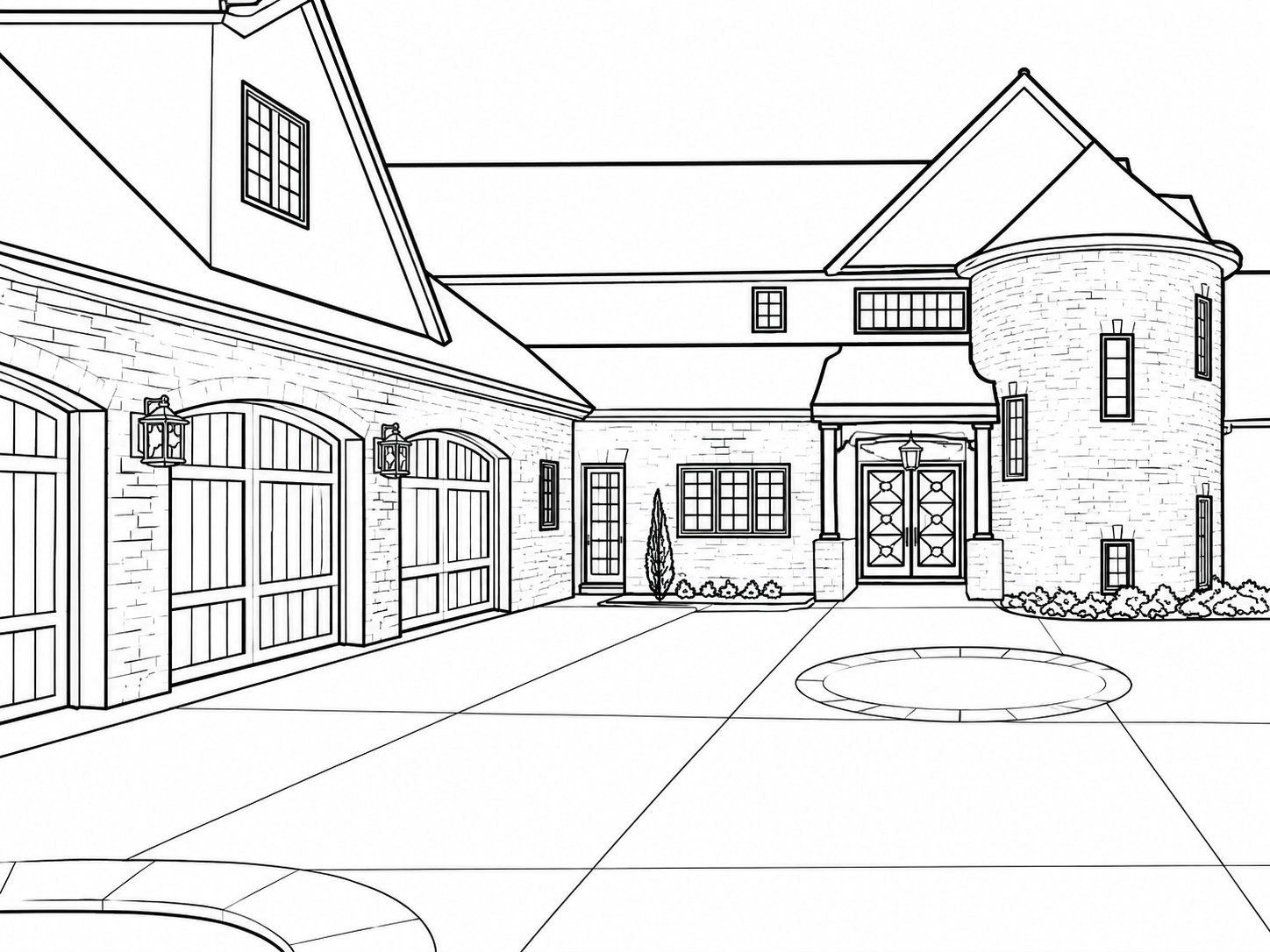 Architectural line drawing of a large residential house with garage, circular driveway, and decorative tower element