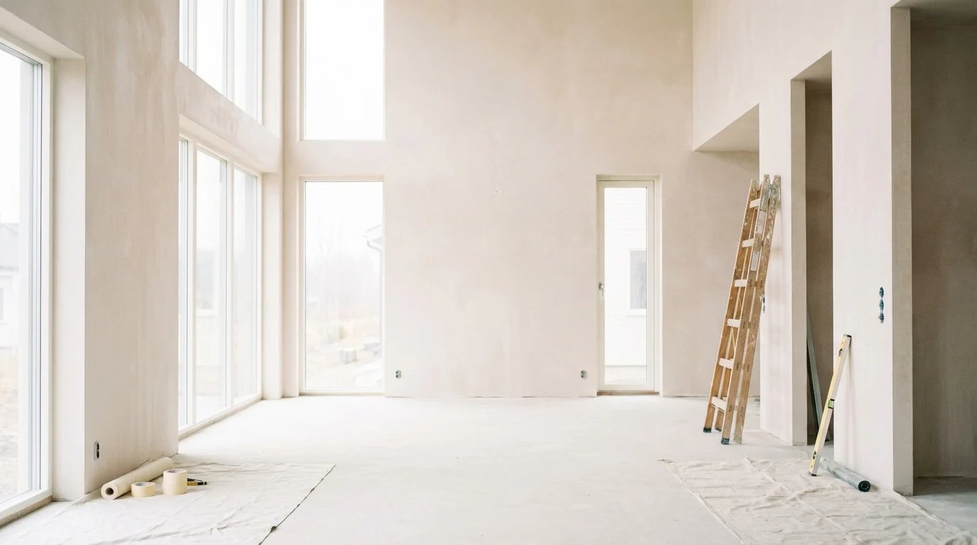 Heller, leerer Raum im Innenausbau mit weissen Wänden, grosser Fensterfront und Holzleiter