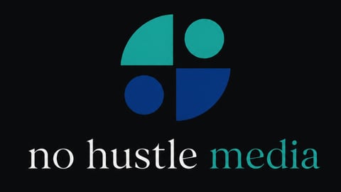 No Hustle Media logo with turquoise and blue geometric shapes on dark background