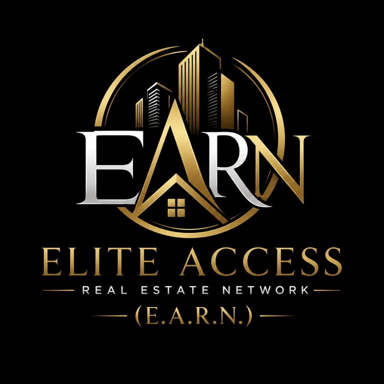 EARN Elite Access Real Estate Network logo with gold skyscrapers in circular design on black background