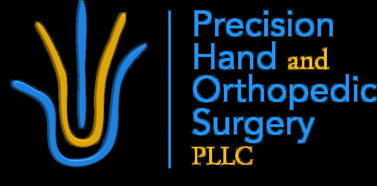 Precision Hand and Orthopedic Surgery PLLC logo with blue and gold hand icon and text