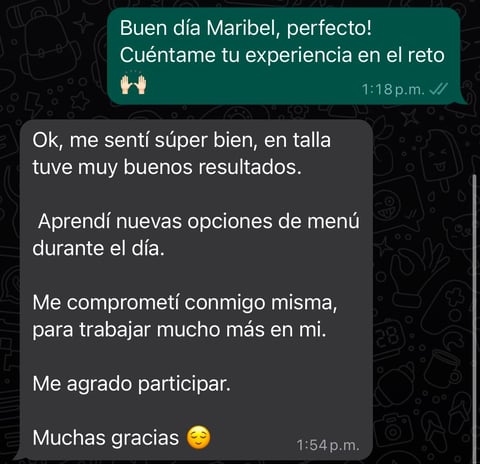 Testimonio de WhatsApp de Maribel — Reto #ComiendoFit, mensajes reales sobre su experiencia con nutriólogo Salvador