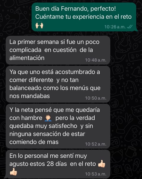 Testimonio de WhatsApp de Fernando — Reto #ComiendoFit, mensajes reales sobre su experiencia con nutriólogo Salvador