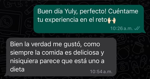 Testimonio de WhatsApp de Yuly — Reto #ComiendoFit, mensajes reales sobre su experiencia con nutriólogo Salvador