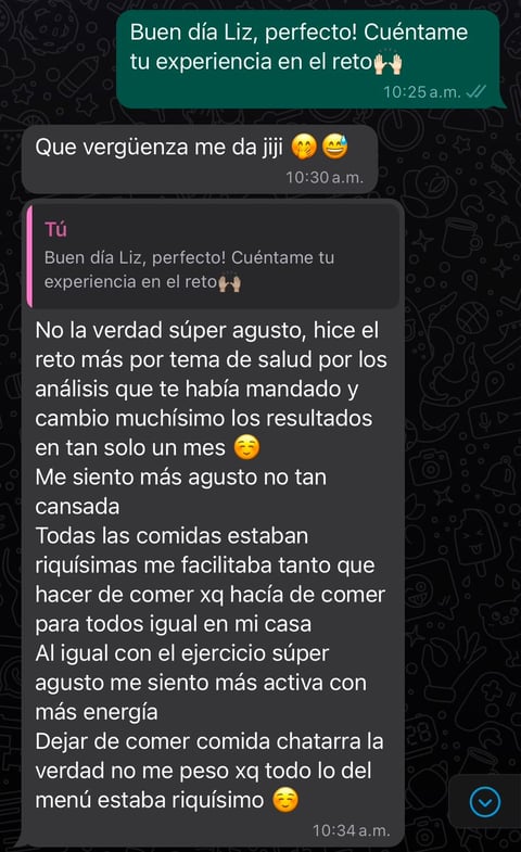 Testimonio de WhatsApp de Liz — Reto #ComiendoFit, mensajes reales sobre su experiencia con nutriólogo Salvador