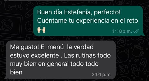 Testimonio de WhatsApp de Estefanía — Reto #ComiendoFit, mensajes reales sobre su experiencia con nutriólogo Salvador