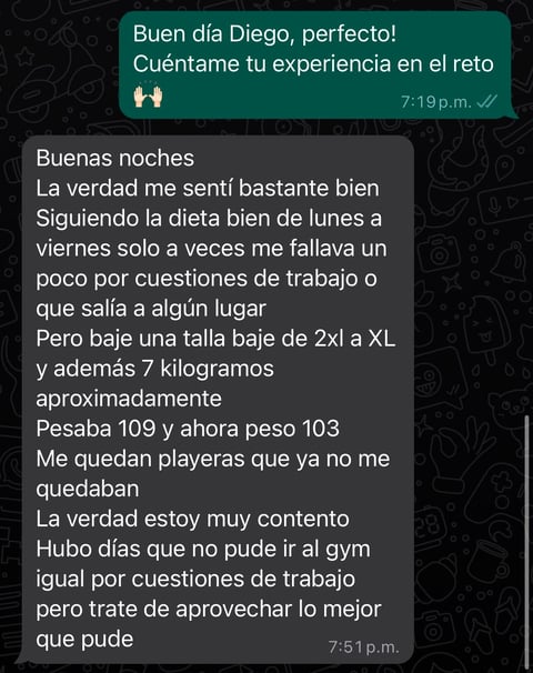 Testimonio de WhatsApp de Diego — Reto #ComiendoFit, mensajes reales sobre su experiencia con nutriólogo Salvador