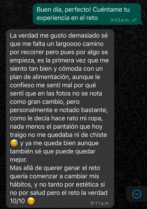 Testimonio de WhatsApp de Cliente 9 — Reto #ComiendoFit, mensajes reales sobre su experiencia con nutriólogo Salvador
