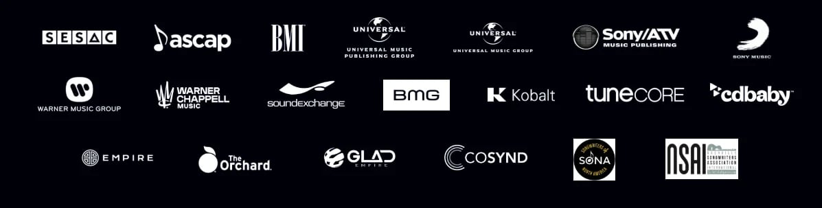 Music industry organizations including SESAC, ASCAP, BMI, Universal Music Publishing, Universal Music Group, Sony/ATV Music Publishing, Sony Music, Warner Music Group, Warner Chappell Music, SoundExchange, BMG, Kobalt, TuneCore, CD Baby, EMPIRE, The Orchard, GLAD Empire, Cosynd, SONA, and ASAI