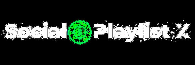 Social Playlist X — full wordmark with green dollar-target in place of the O in Social