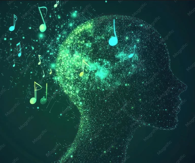 Profile silhouette of a human head filled with glowing green particles and musical notes, representing music, creativity, and mind