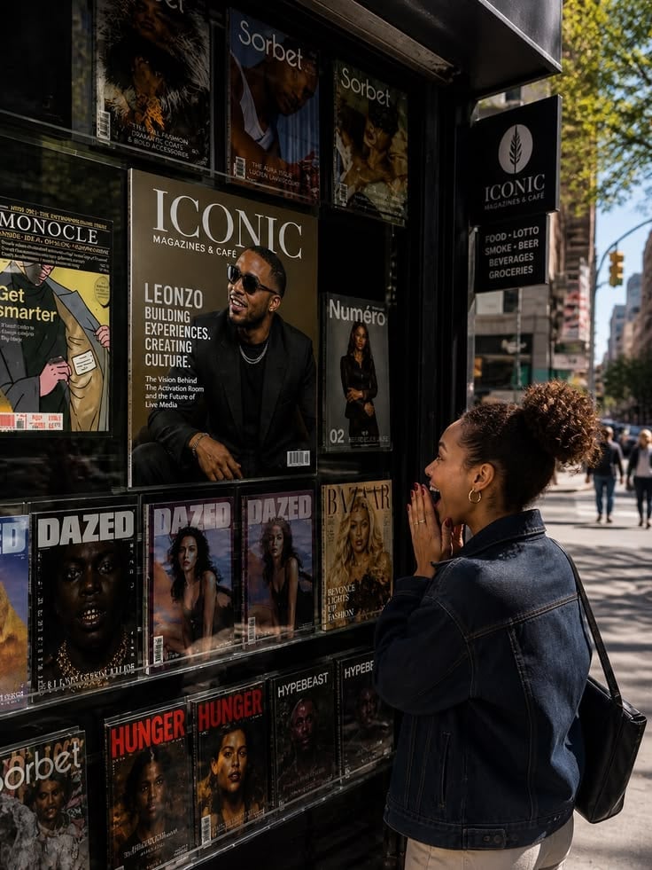 Woman looking at a street newsstand display featuring ICONIC magazine and other publications on a sunny urban sidewalk