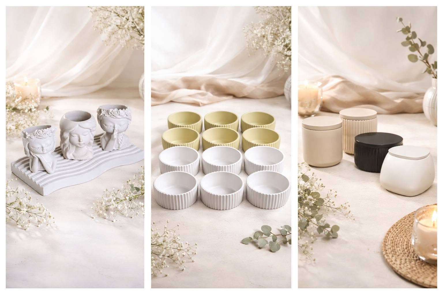 Three product display images showing candles and home decor items in neutral tones with flowing white fabric and dried flowers