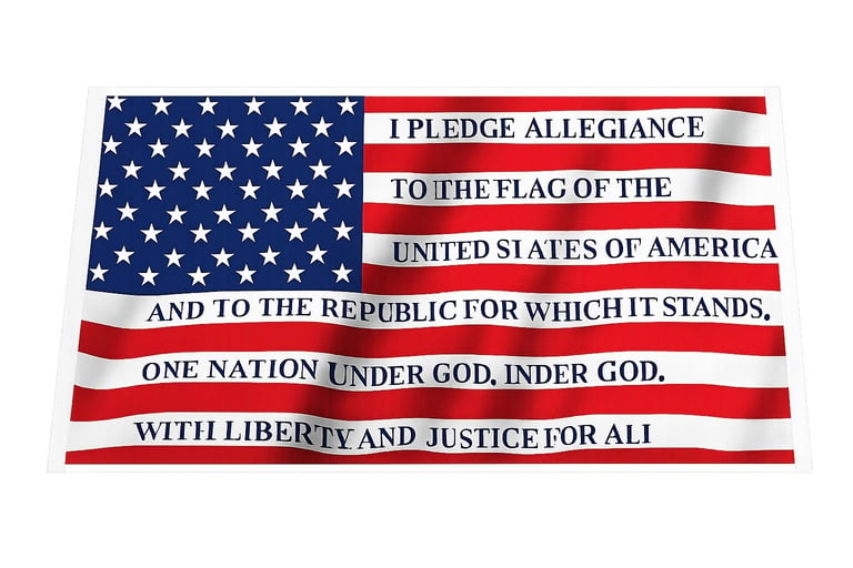 American flag with Pledge of Allegiance text overlaid on red and white stripes and blue star field