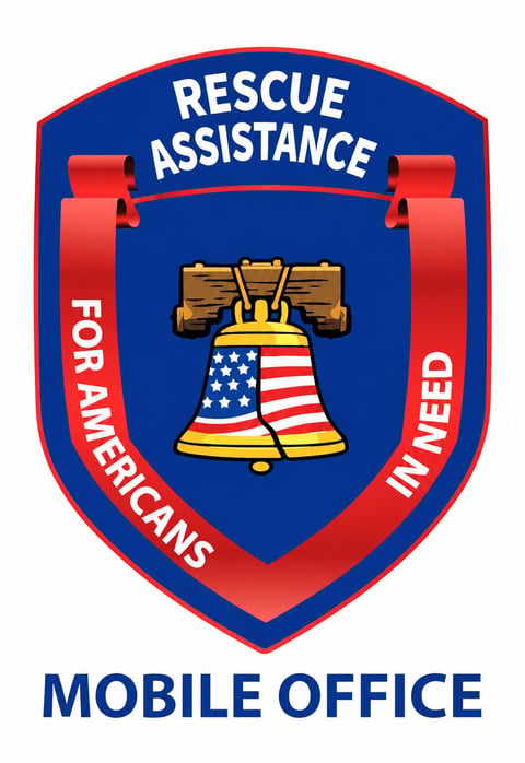 Rescue Assistance Mobile Office logo featuring the Liberty Bell with American flag design on a blue shield emblem