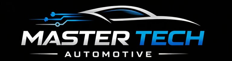 Master Tech Automotive logo featuring a sleek car silhouette with blue circuit lines on black background