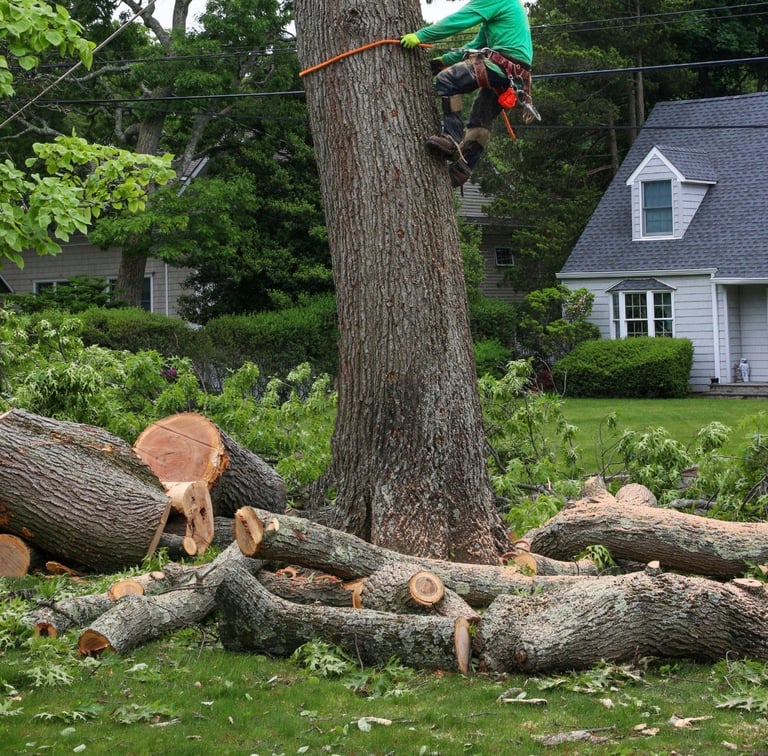 Arborist in green safety gear rappels down tree trunk with cut logs