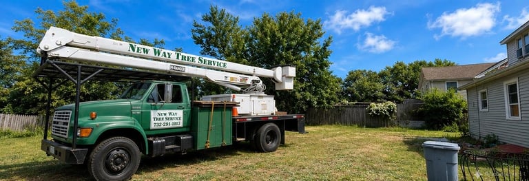 Green utility truck with extended bucket lift parked in residential yard on sunny day