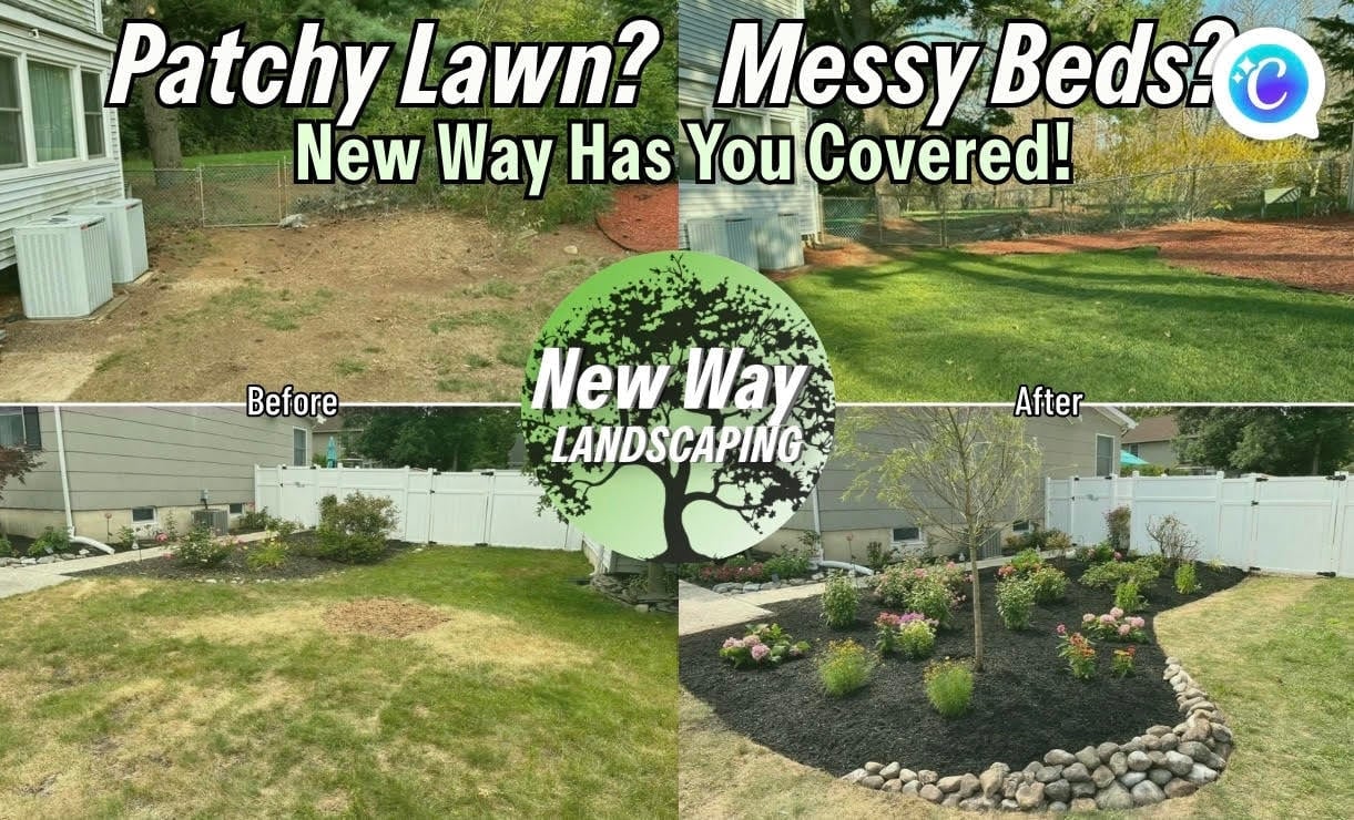Before and after landscaping transformation showing patchy lawn converted into organized garden beds with mulch and plants