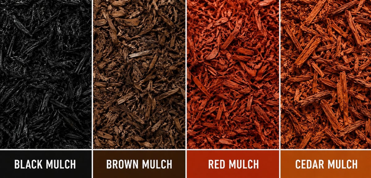 Four types of mulch samples arranged side by side: black, brown, red, and cedar, labeled below each pile