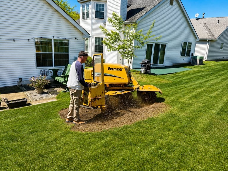 Man operating yellow Vermeer stump grinder in residential backyard