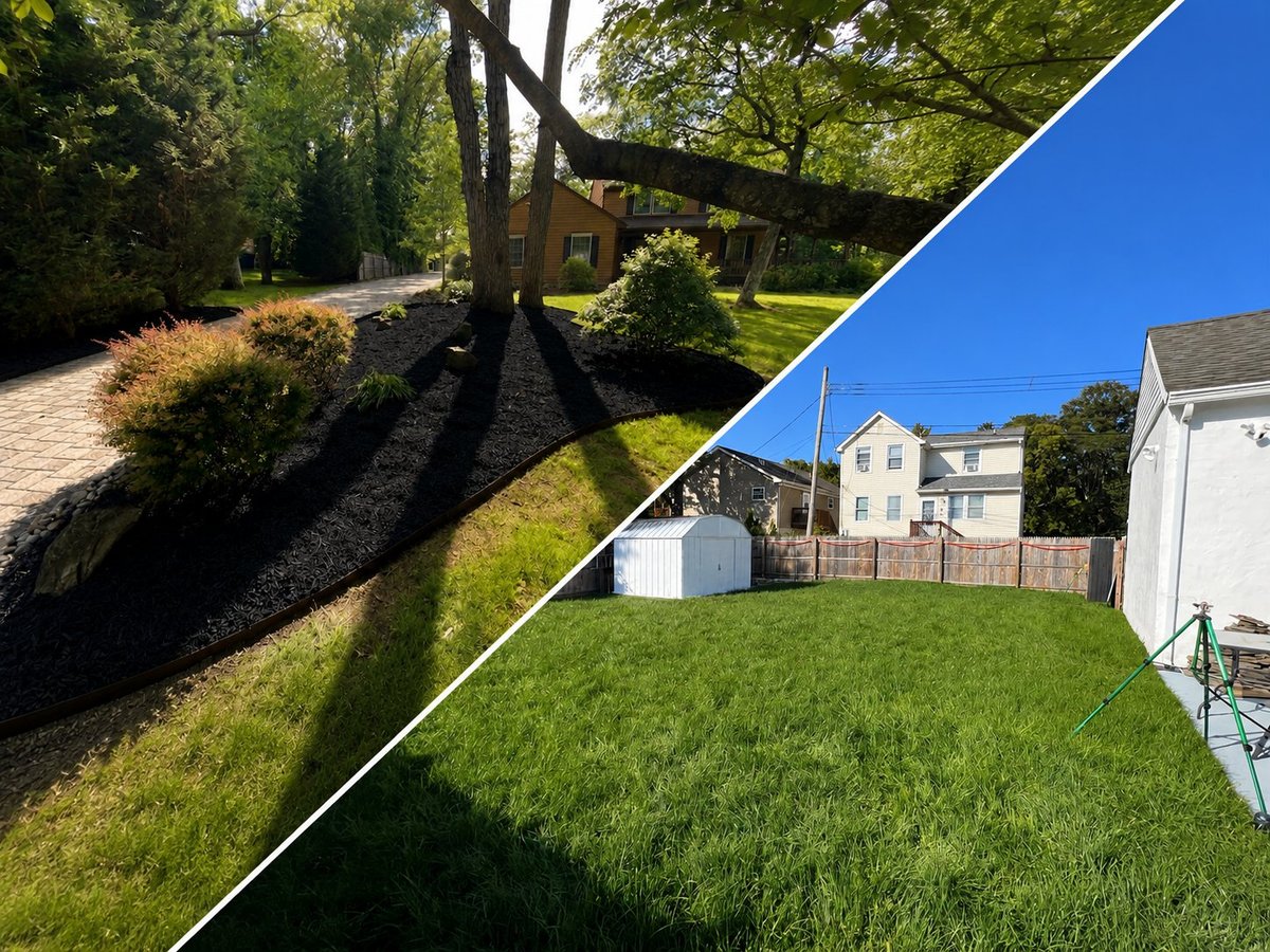 Before and after comparison of a backyard landscaping transformation showing a mulched garden area with trees on the left and a manicured green lawn with residential houses on the right.