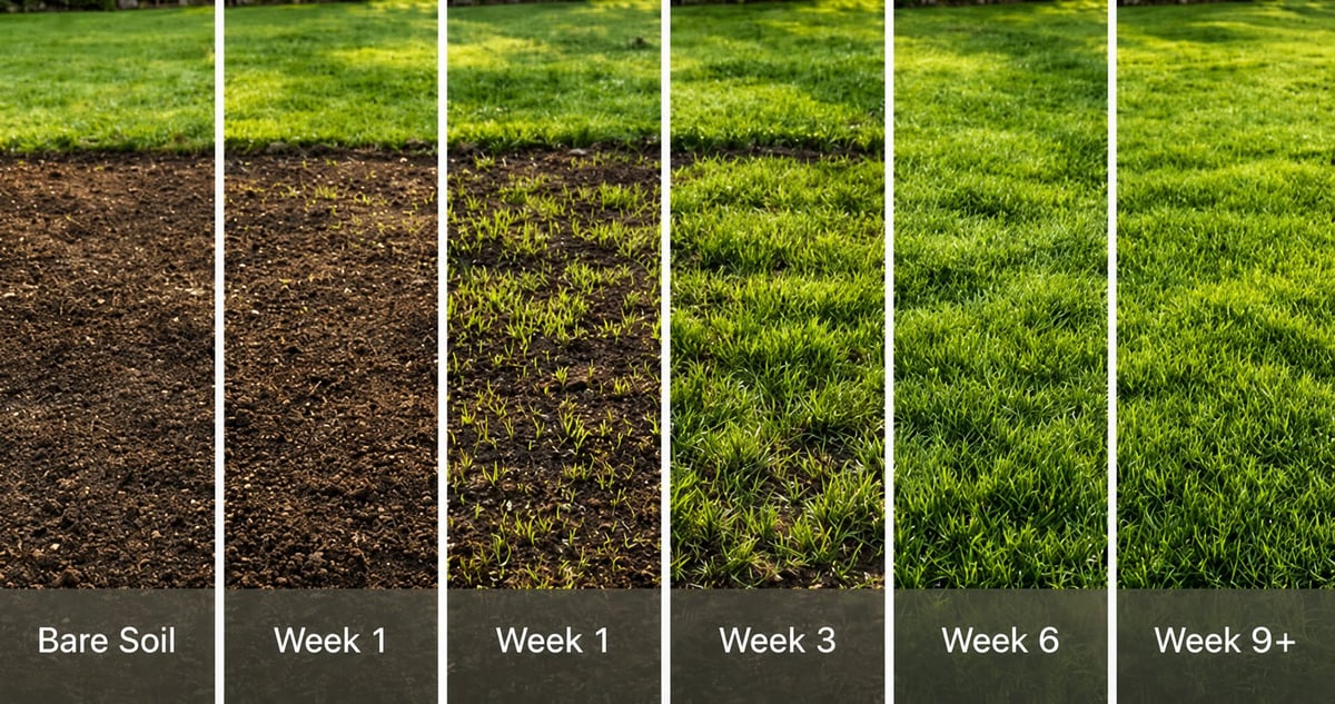 Grass growth progression over time from bare soil to fully green lawn across six stages spanning 9+ weeks.