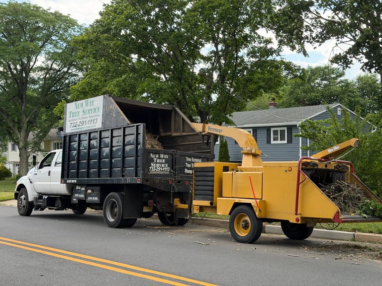 White truck with black trailer and yellow wood chipper at curbside during tree removal service