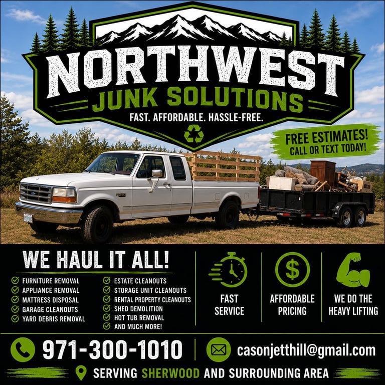 Northwest Junk Solutions advertisement featuring a white pickup truck and trailer loaded with junk removal services listed