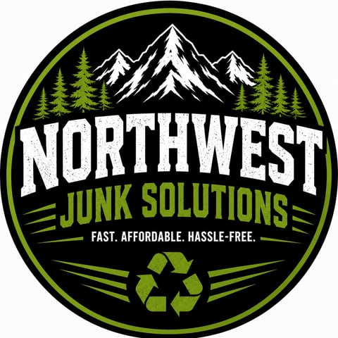 Northwest Junk Solutions logo with mountains, trees, and recycling symbol, tagline reads Fast, Affordable, Hassle-free