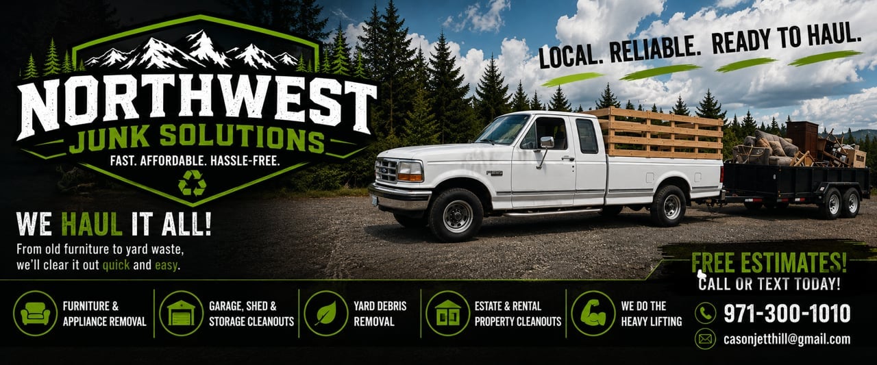 Northwest Junk Solutions advertisement showing white pickup truck with wood trailer and mountain forest background