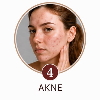 Close-up portrait of a woman with acne showing redness and blemishes on her cheek, labeled with number 4 and the word AKNE below