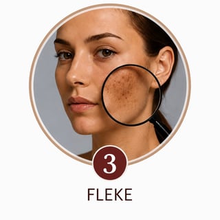 Woman with magnified view of freckles on cheek, labeled FLEKE - skin condition guide image