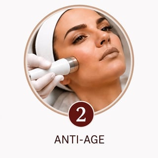 Woman receiving anti-age facial treatment with handheld device, labeled step 2 of skincare procedure