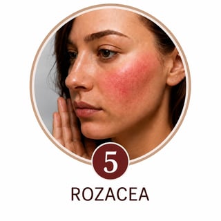 Woman with rosacea showing redness and flushing on cheeks and face, labeled as step 5 in a skin condition guide