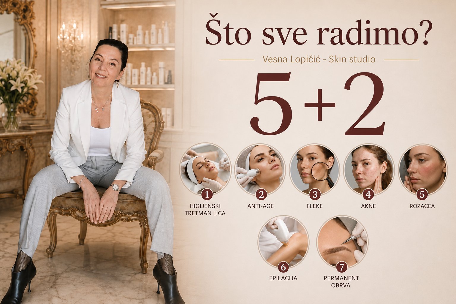 Vesna Lopičić u bijelom blejzeru u luksuznom ambijentu studija, uz pregled sedam tretmana lica i tijela: higijenski tretman lica, anti-age, fleke, akne, rozacea, epilacija i permanent obrva