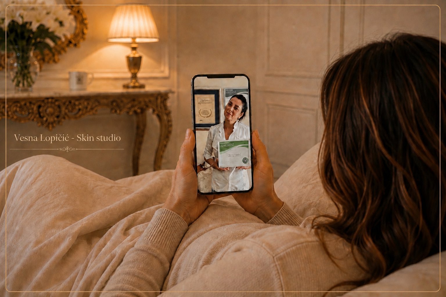 Žena u krevetu drži telefon na kojem je videopoziv sa Vesnom Lopičić; pored fotografije natpis 'Vesna Lopičić – Skin studio'