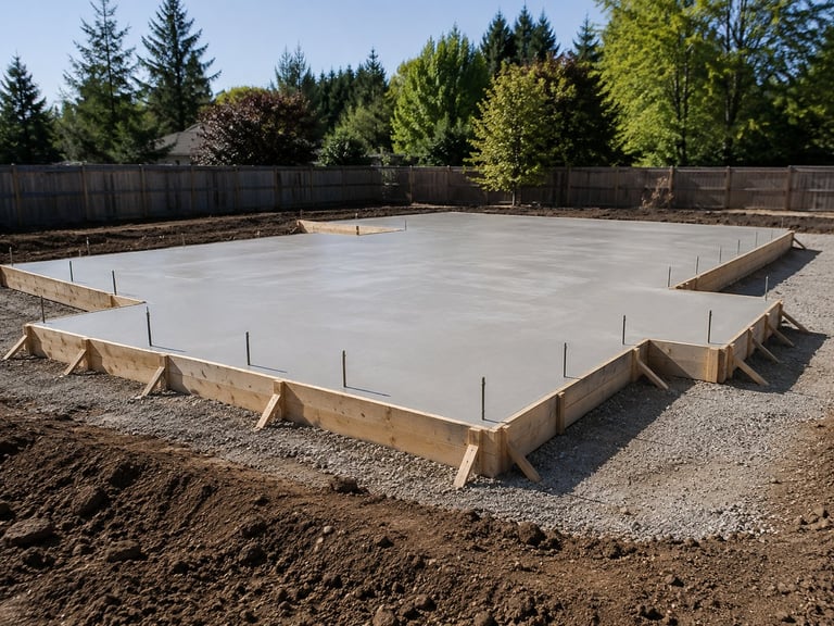 Freshly poured concrete foundation with wooden forms and metal stakes in a residential backyard, surrounded by evergreen trees