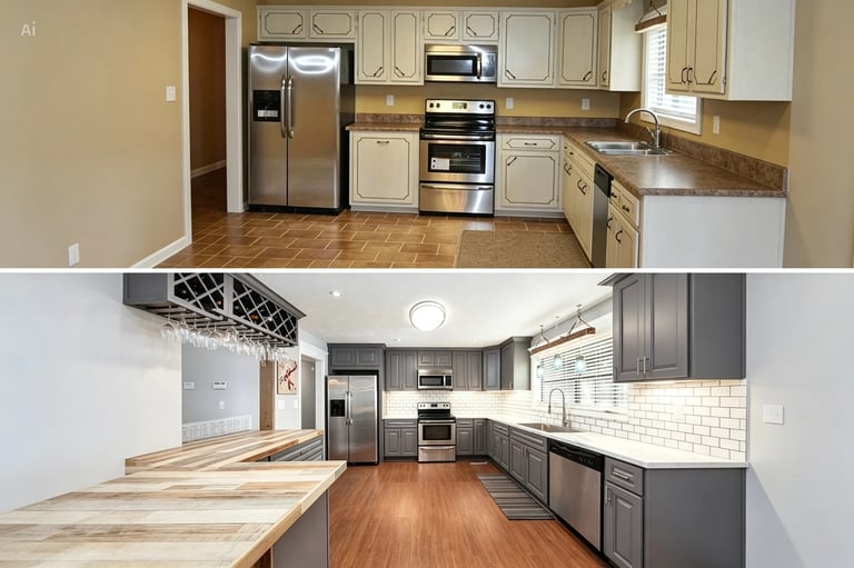 Before and after kitchen renovation showing transformation from cream cabinets to modern dark cabinetry with updated appliances and finishes