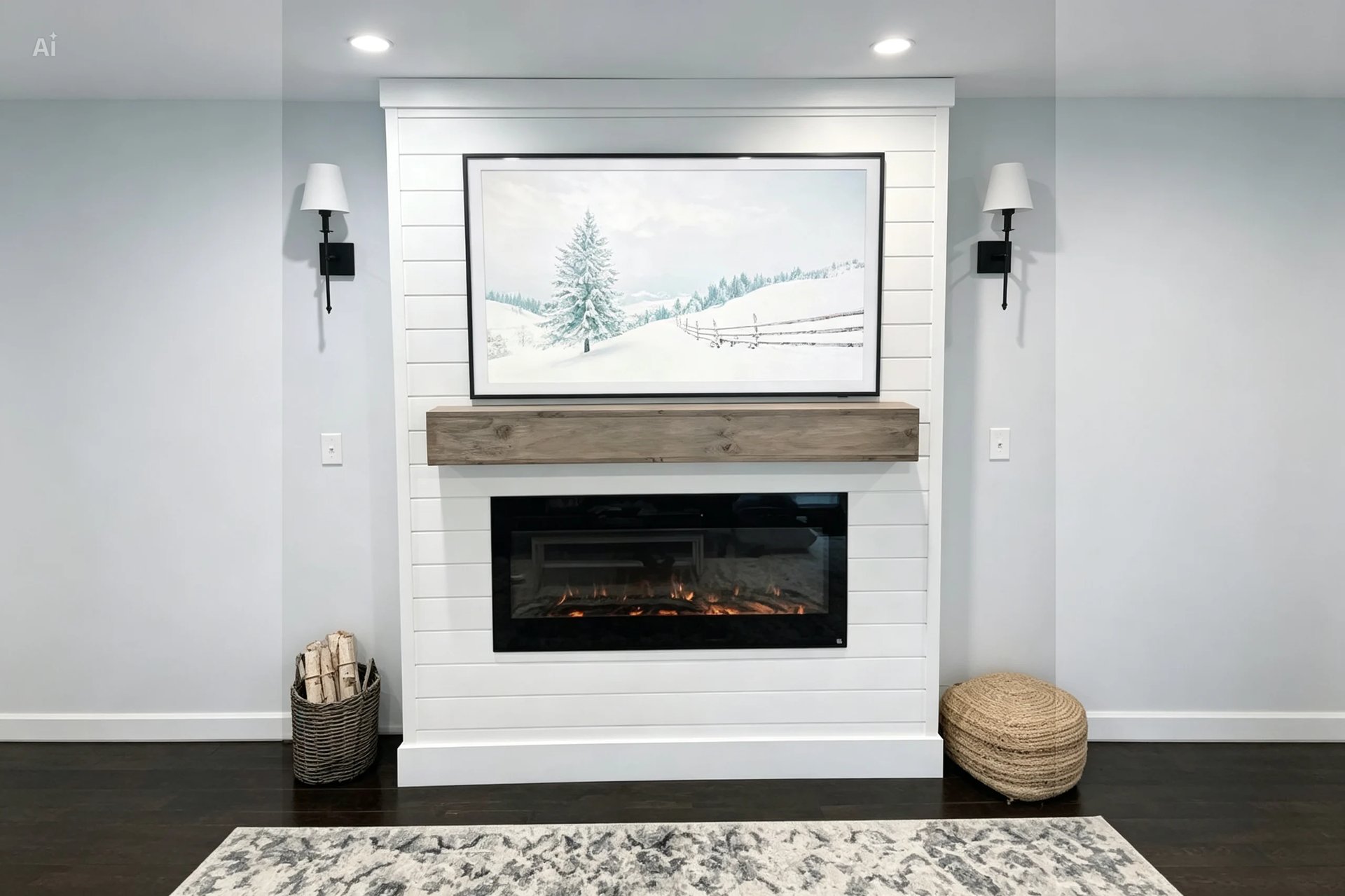 Modern fireplace with white shiplap, rustic wood mantel, electric flame insert, framed forest artwork, wall sconces, and woven poufs on dark flooring