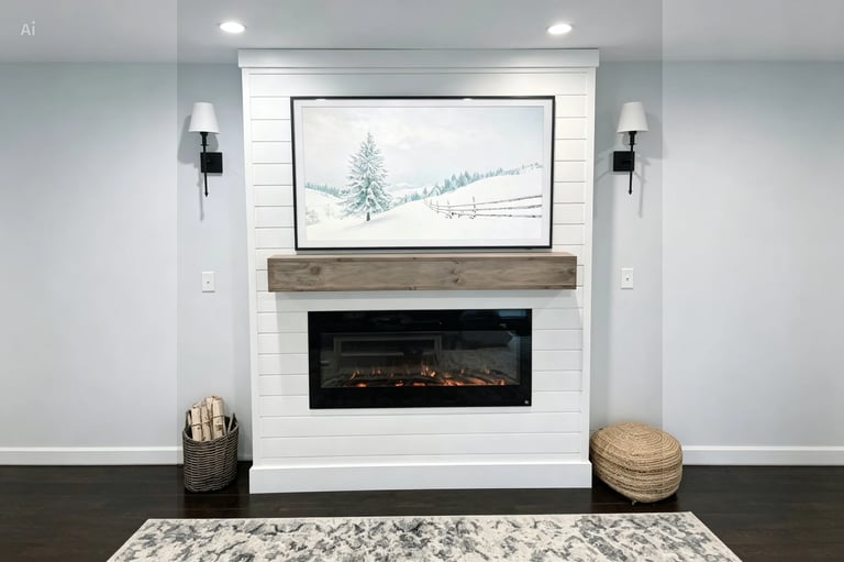 Modern fireplace with white shiplap, rustic wood mantel, electric flame insert, framed forest artwork, wall sconces, and woven poufs on dark flooring