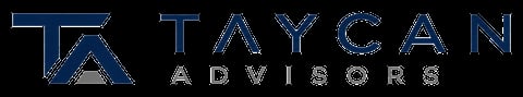 Taycan Advisors logo with blue geometric design and text on dark background