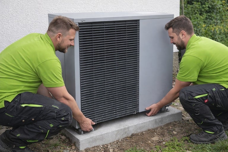 Two technicians in neon yellow shirts inspect and maintain an outdoor heat pump unit mounted on a concrete foundation