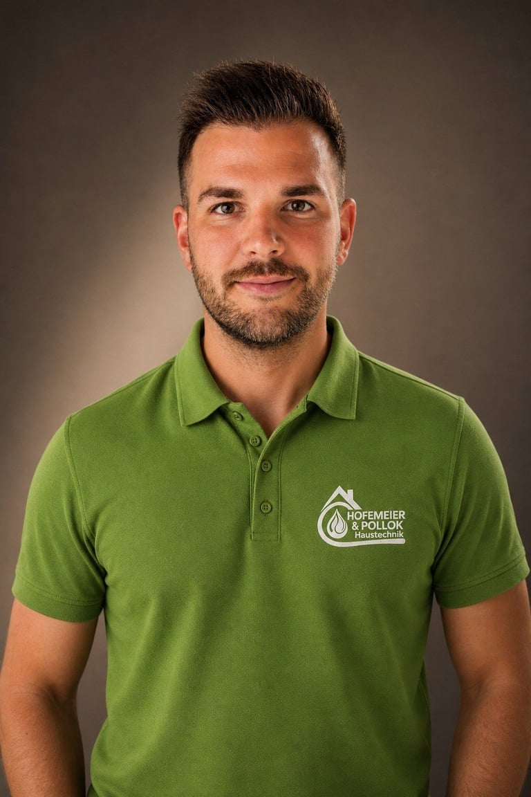Professional headshot of a man with dark hair and beard wearing a green polo shirt with company logo against a neutral background