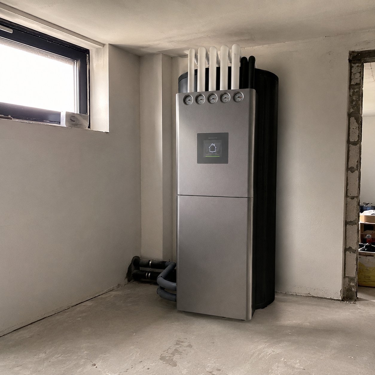 Modern heat pump water heater unit installed in an unfinished basement room with concrete floor and white walls