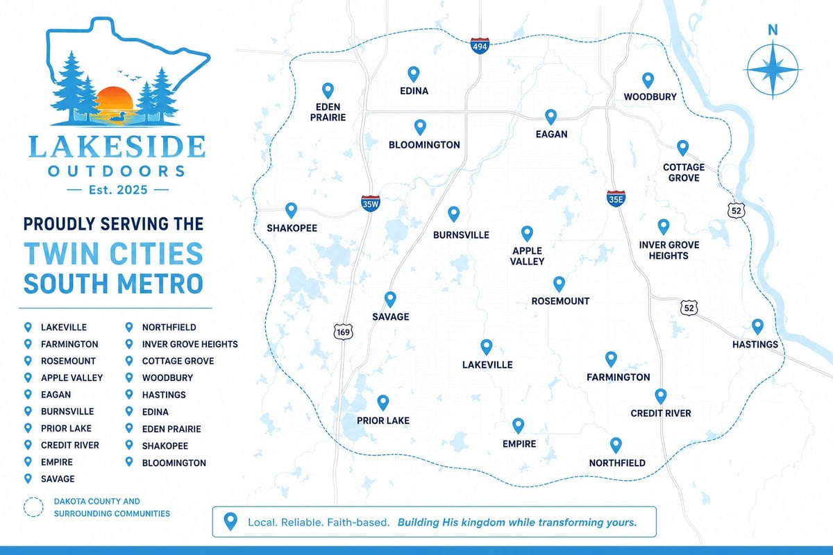 Lakeside Outdoors service map of Twin Cities South Metro showing locations with blue pins and legend of served areas