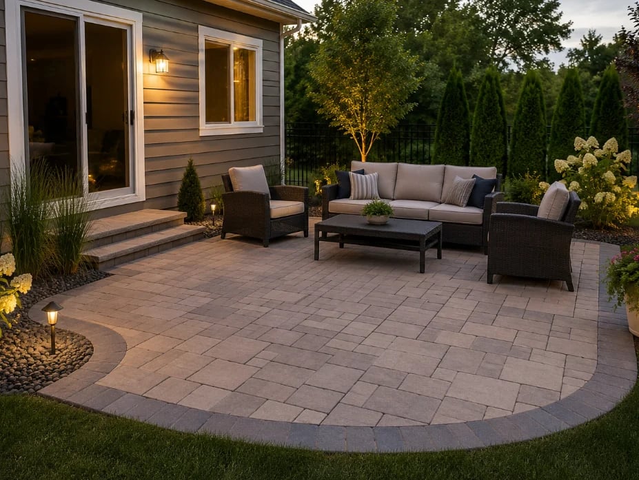 Modern patio with paved surface, outdoor furniture, and landscaping near a house at dusk