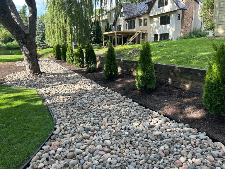 Landscaped residential yard with gravel pathway, green evergreen arborvitae shrubs, and lawn bordered by wooden edging near brick home