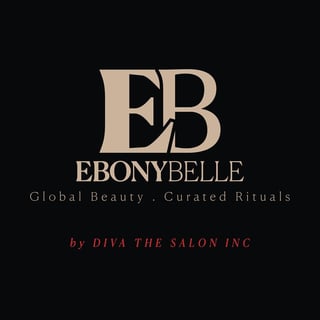 Ebony Belle logo with tagline Global Beauty Curated Rituals by Diva The Salon Inc on black background